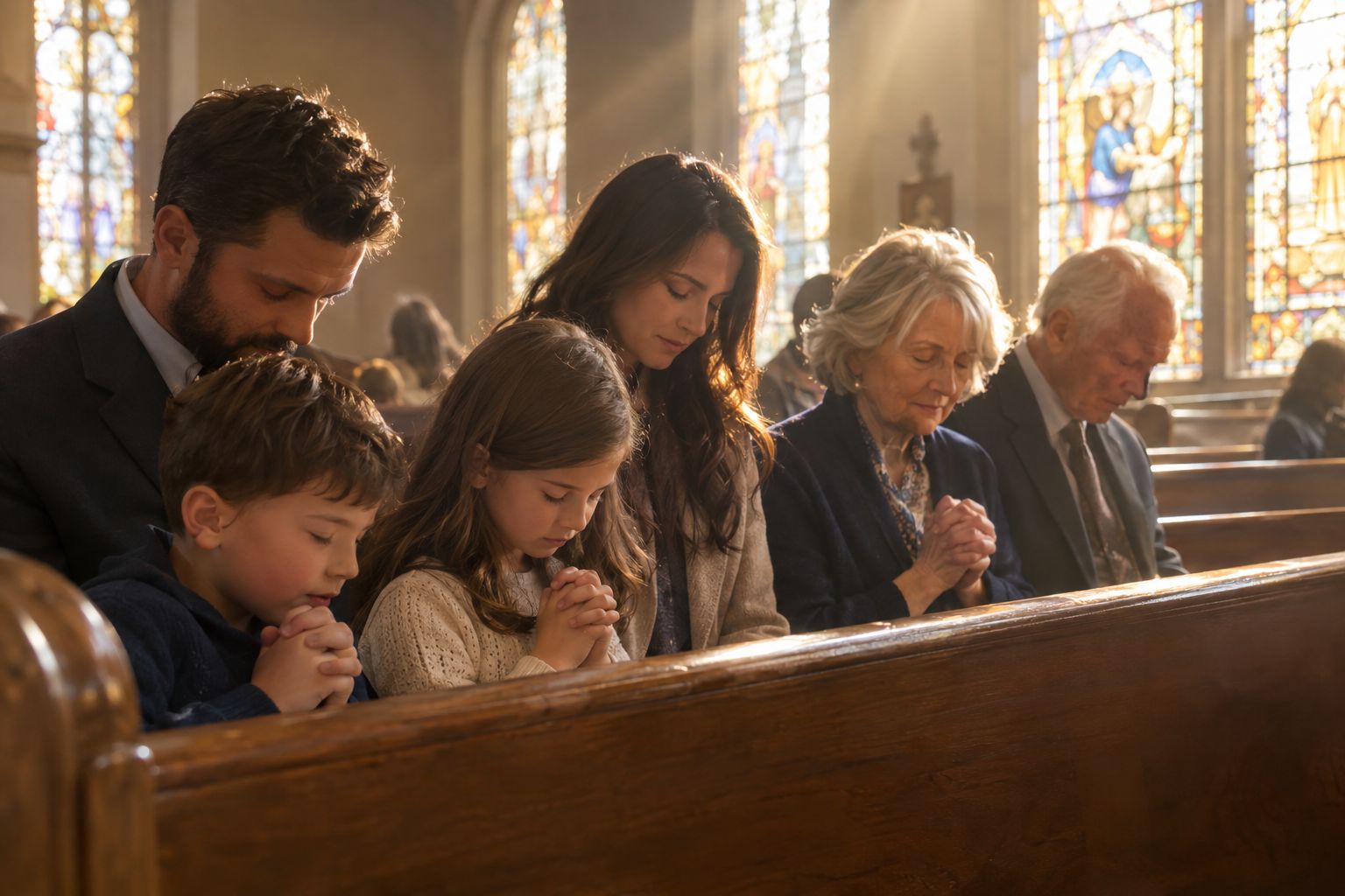 Family praying together in church